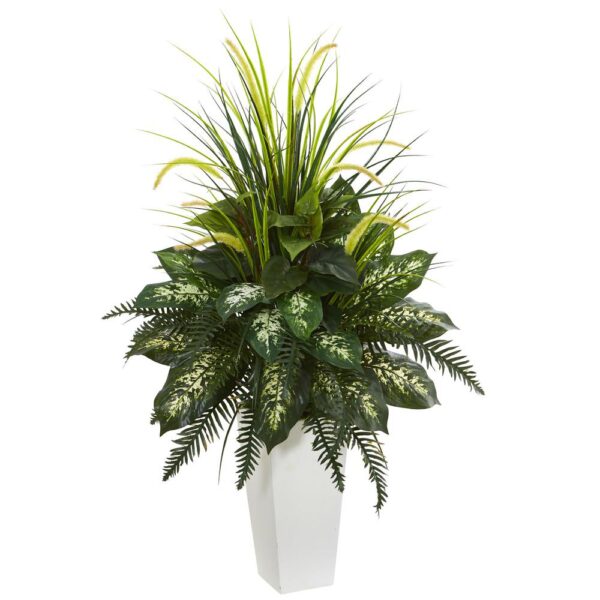 Nearly Natural Mixed River Fern and Dogtail Artificial Plant in White Tower Planter