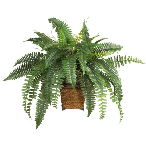 Nearly Natural 23 in. Boston Fern Silk Plant with Wicker Basket