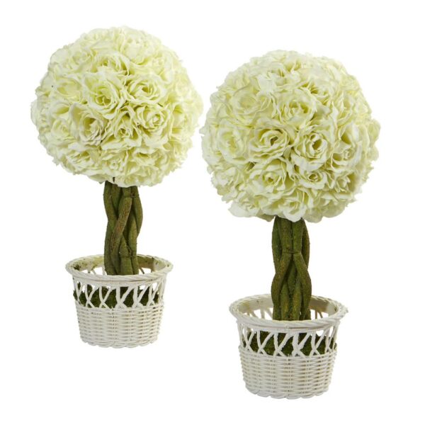 Nearly Natural 13 in. Rose Topiary Artificial Plant in White Wicker Pot (Set of 2)