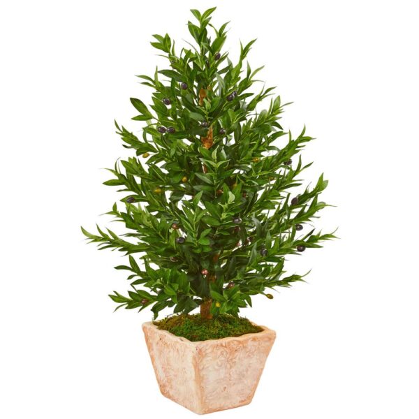 Nearly Natural Indoor/Outdoor 35-In. Olive Cone Topiary Artificial Tree in Terra Cotta Planter