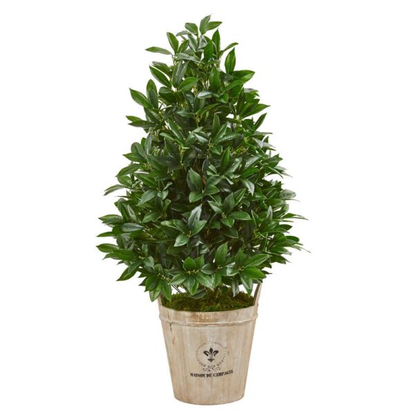 Nearly Natural Indoor 39-In. Bay Leaf Cone Topiary Artificial Tree in Farmhouse Planter