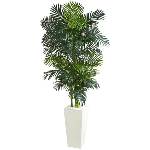 Nearly Natural Indoor Golden Cane Palm Artificial Tree in White Tower Planter