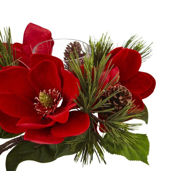 Nearly Natural 7 in. Red Magnolia and Pine Candelabrum