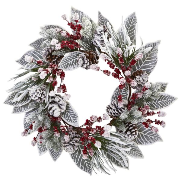 Nearly Natural 24in. Unlit Artifical Holiday Wreath with Snowy Magnolia Berry