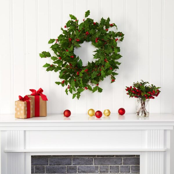 Nearly Natural 24 in. Holly Berry Artificial Wreath