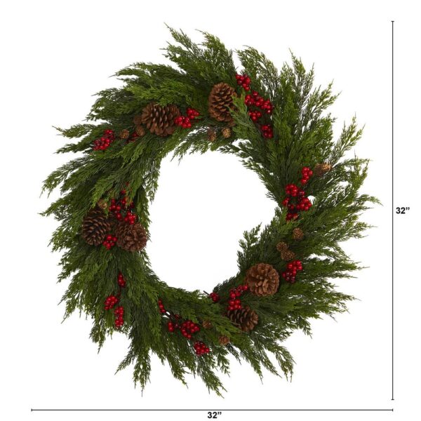 Nearly Natural 32 in. Cypress with Berries and Pine Cones Artificial Wreath