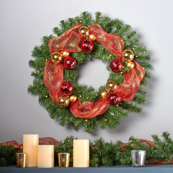 Noble House 24 in. Pre-Lit LED Artificial Christmas Wreath with Gold and Red Ornaments
