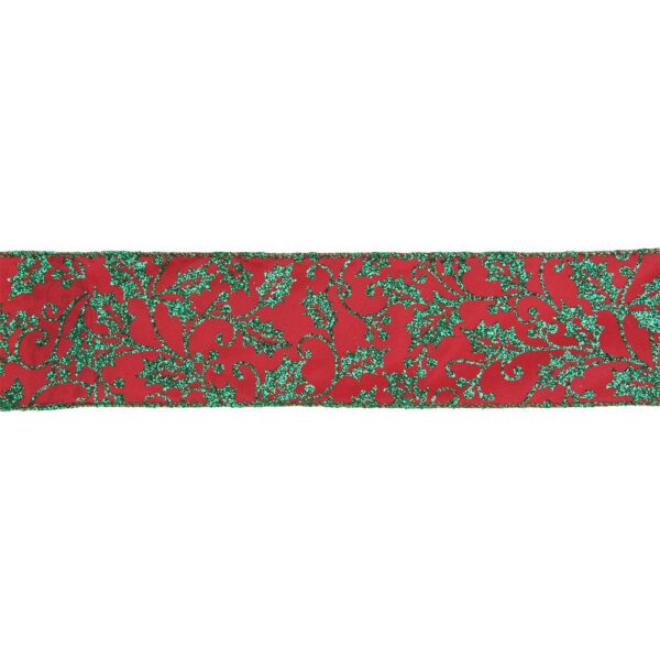 Northlight 2.5 in. x 16 yds. Sparkly Red and Green Holly Wired Craft Ribbon