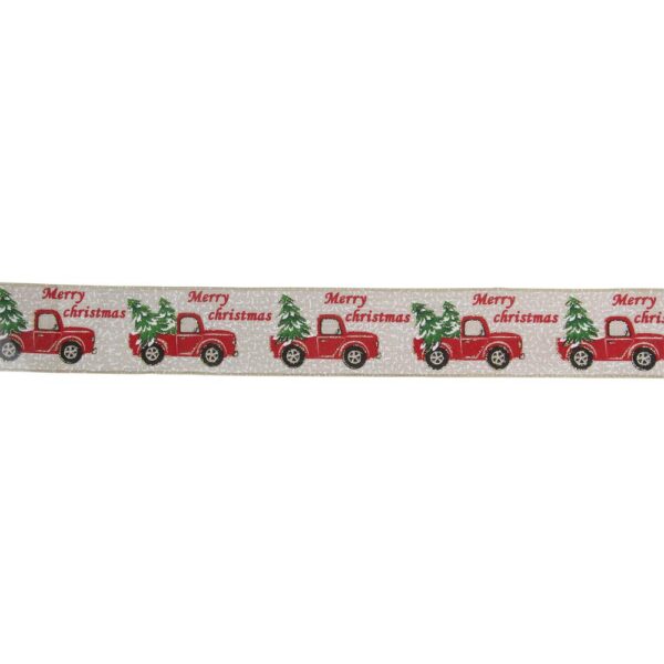Northlight 2.5 in. x 16 yds. Red Trucks and Christmas Tree Wired Craft Beige Ribbon
