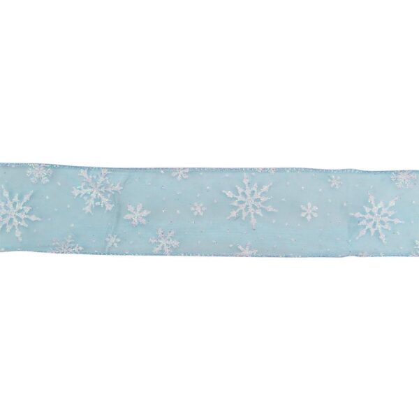 Northlight 2.5 in. x 16 yds. Shimmering White Iridescent Snowflakes on a Light Blue Sheer Ribbon