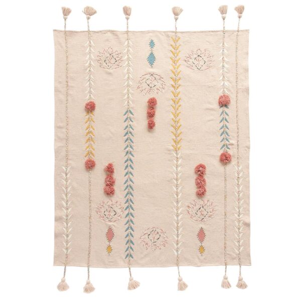 3R Studios Pink Cotton Throw with Decorative Applique, Pom Poms and Tassels