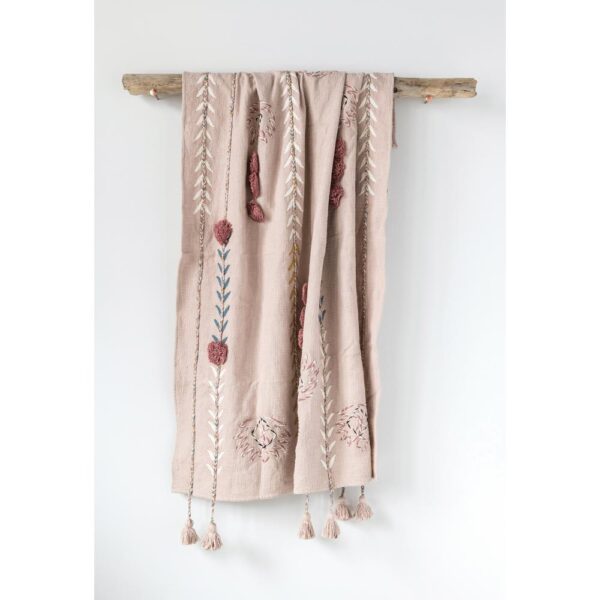 3R Studios Pink Cotton Throw with Decorative Applique, Pom Poms and Tassels