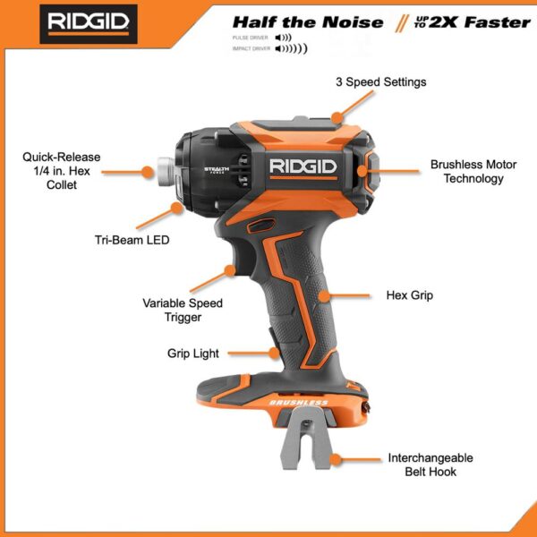 RIDGID 18-Volt Lithium-Ion Brushless Cordless 1/4 in. 3-Speed STEALTH FORCE Impact Driver (Tool Only)