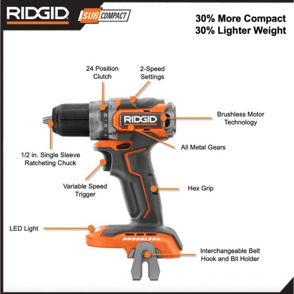RIDGID 18V Brushless SubCompact 1/2 in. Drill/Driver Kit with 18V Drywall Cut-Out Tool, 2 Batteries, Charger, and Bag