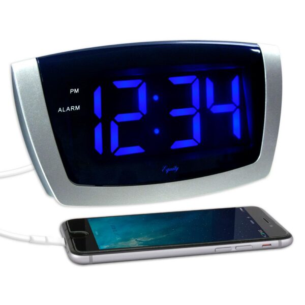 Equity by La Crosse Large 1.8 in. Blue LED Electric Alarm Table Clock with USB Port