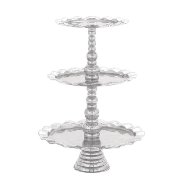 LITTON LANE 24 in. Polished Silver Aluminum 3-Tiered Round Wavy-Ribbon-Rimmed Tray Stand