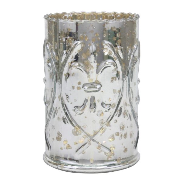 Stonebriar Collection 6.5 in. Antique Silver Glass Fluer De Lis Pillar Candle Holder