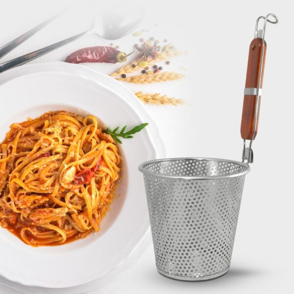 ExcelSteel 6.25 in. Stainless Steel Pasta Basket with Wood Covered Handles