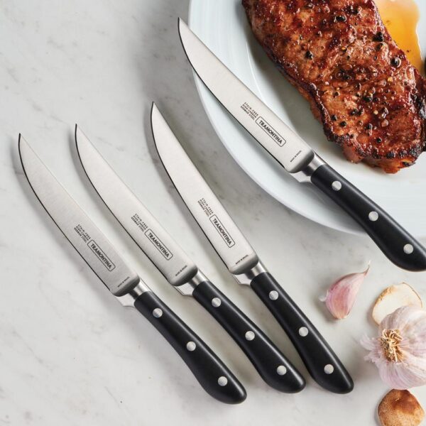 Tramontina 5 in. High Carbon Steel Full T Blade with Serrated Edge Steak Knife with Black Polycarbonate Handle (Set of 4)