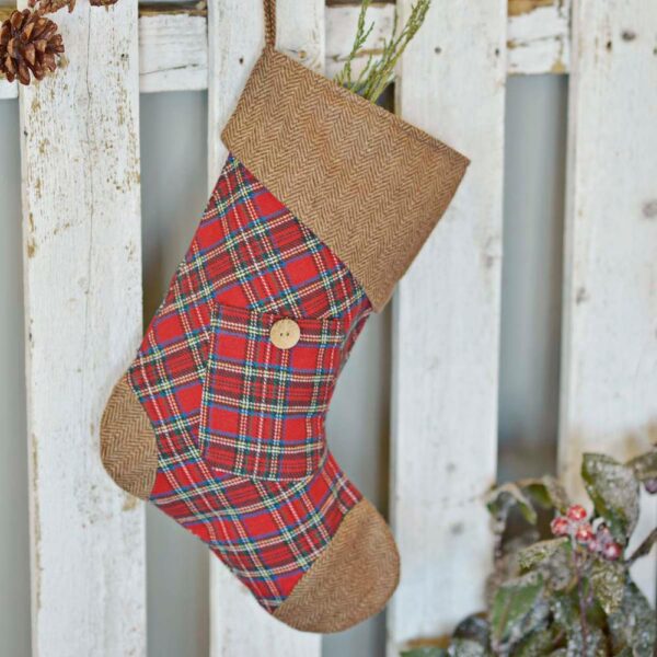 VHC Brands 15 in. Cotton Gavin Cherry Red Rustic Christmas Decor Stocking