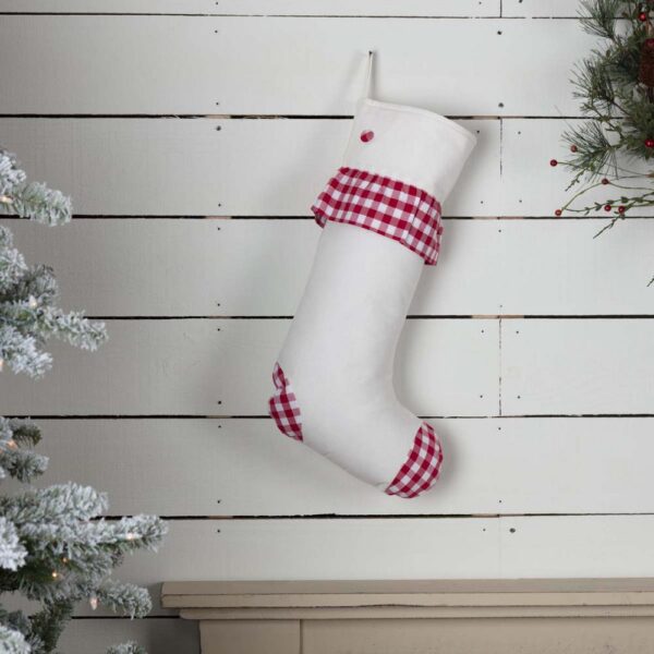 VHC Brands 20 in. Red Emmie Farmhouse Christmas Decor Check Ruffle Stocking