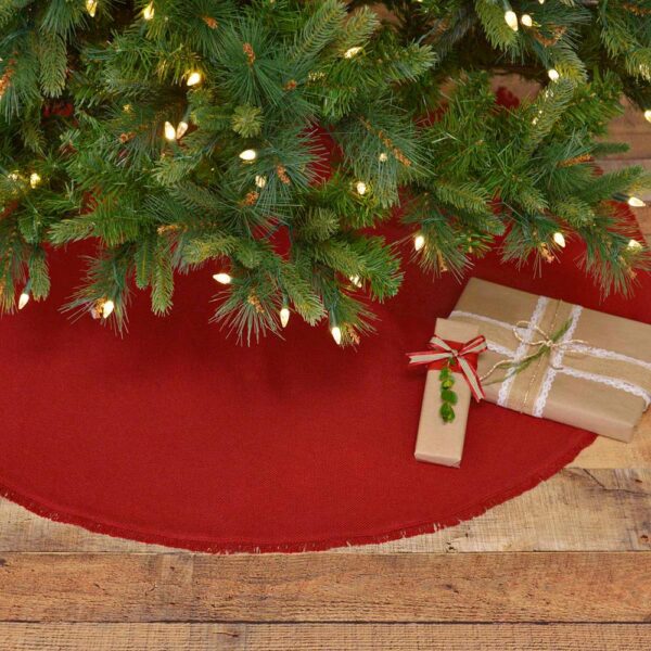 VHC Brands 48 in. Red Festive Burlap Farmhouse Christmas Decor Tree Skirt