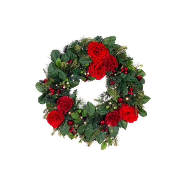 Village Lighting Company 30 in. Pre-Lit LED Red Peonies and Berry Wreath