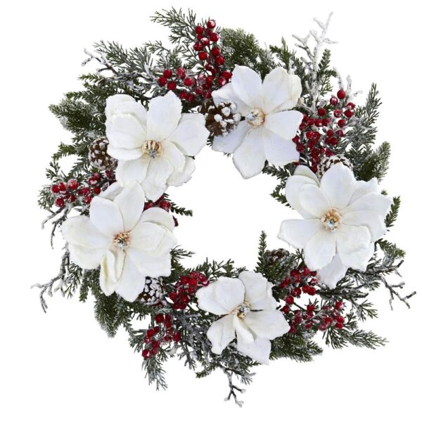 Nearly Natural 22 in. Snowed Magnolia and Berry Wreath