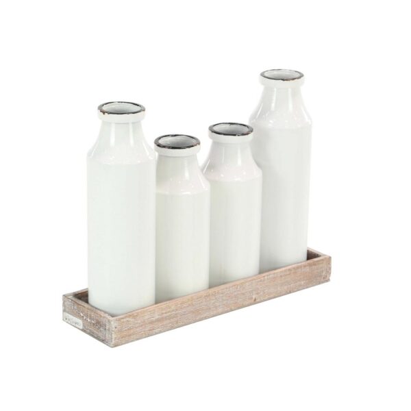 LITTON LANE Brown Decorative Tray with 4-Distressed White Milk Bottles